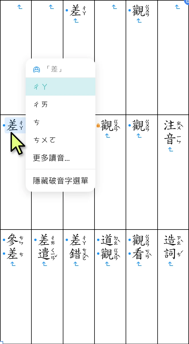 滑鼠停在注音格的「差」上選讀音